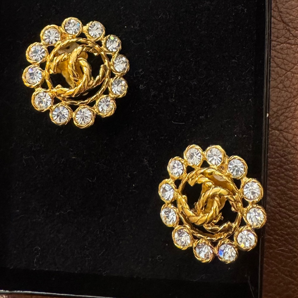 Chanel Vintage 93A Large Crystal Bordered CC Logo Stud Earrings - Picture 2 of 4